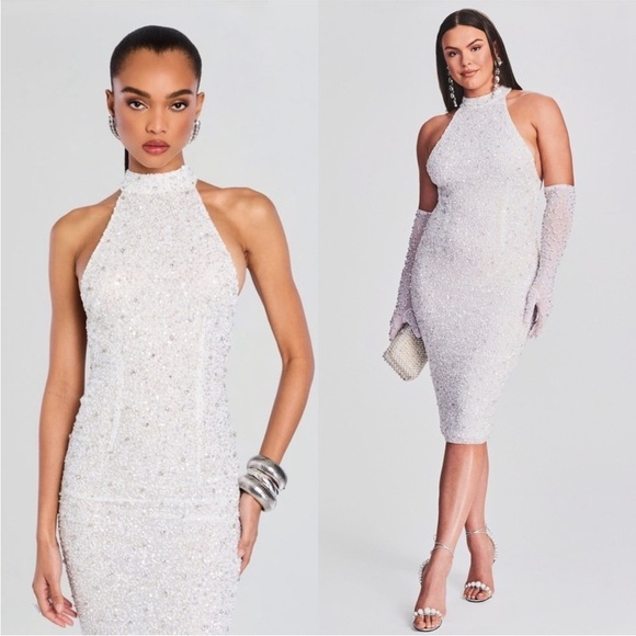 RETROFETE Hand Stitched Crystal & Sequin Sleeveless Halter Open Back Dress S - Picture 11 of 14